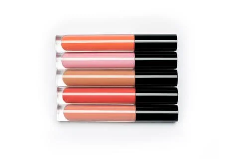 Five brightly coloured bottles of liquid lipstick Stock Photos
