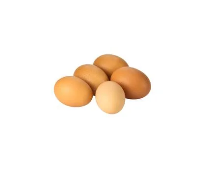 Five brown eggs on white Stock-Fotos