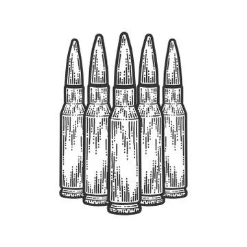 Five bullets stand nearby. Scratch board style imitation. Black and white hand Stock Illustration