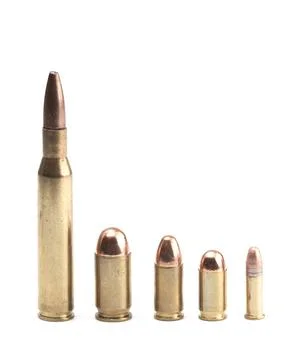 Five Bullets of Various Sizes and Shapes Stock Photos