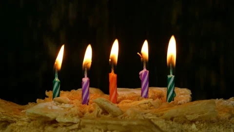 Five burning candles on birthday cake Napoleon. Stock Footage 131844288