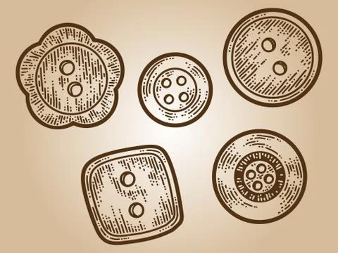 Five buttons sketch scratch board imitation. Sepia hand drawn image. Stock Illustration