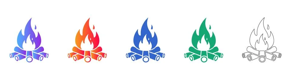 Five Campfire Icons with Flickering Flame Details イラスト素材