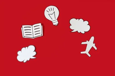Five cardboard objects on a red background Stock Photos