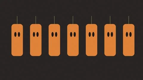 Five cartoon pumpkins with faces hanging on black background イラスト素材