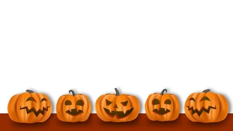 Five Carved Halloween Jack O Lantern Pumpkins Line Up On Ledge With White B.. Stock Footage 344951948