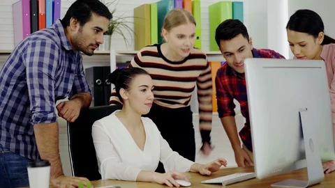 Five casual creative startup business working at modern office Stock Footage 96321609