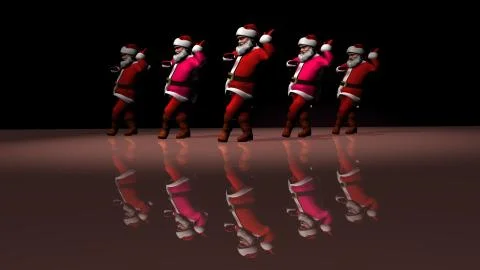 Five cheerful Santa Clauses in a red suit are dancing. 3d rendering 스톡 일러스트