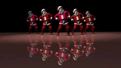 Five cheerful Santa Clauses in a red suit are dancing. 3d rendering 스톡 일러스트
