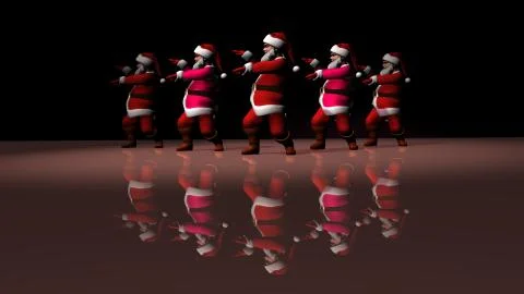 Five cheerful Santa Clauses in a red suit are dancing. 3d rendering 스톡 일러스트