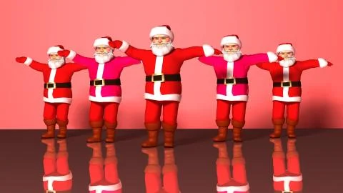 Five cheerful Santa Clauses in a red suit are dancing. 3d rendering 스톡 일러스트