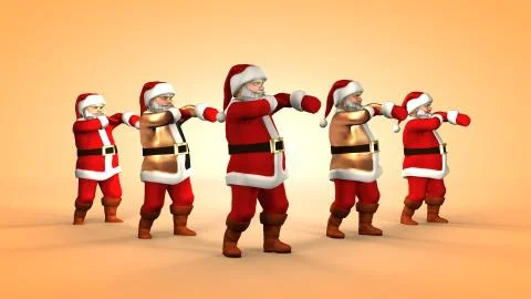 Five cheerful Santa Clauses in a red suit are dancing. 3d rendering 스톡 일러스트