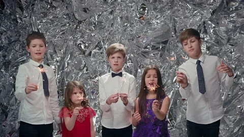 Five Children On Background Of Silver Scenery. Celebration. Vídeos de archivo 180131438