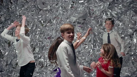 Five Children On Background Of Silver Scenery. Celebration. Stock-Footage 180133035