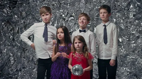 Five Children On Background Of Silver Scenery. Celebration. Vídeos de archivo 180136691