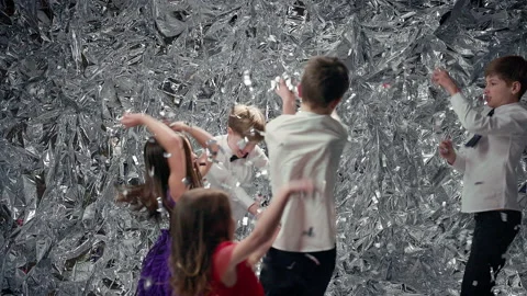 Five Children On Background Of Silver Scenery. Celebration. Children Have Fun Video stock 180163809