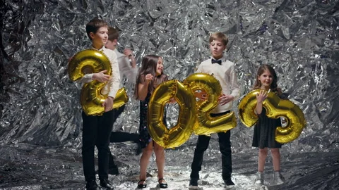 Five Children On Background Of Silver Scenery. Celebration. Stock Footage 180354943