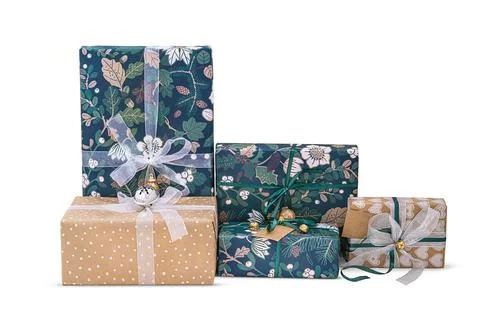Five Christmas gift boxes isolated on white background. Stock Photos