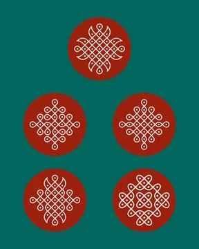 Five circular red motifs on deep green background Stock Illustration