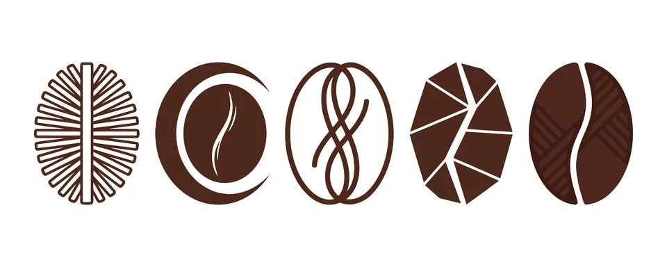 Five coffee bean designs in maroon and white Vector 库存插图
