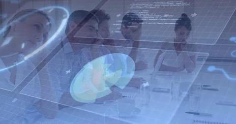 Five colleagues analyzing holographic code charts in meeting room, with notebook Stock Photos
