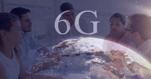 Five colleagues leaning reviewing notes in tech meeting initiating digital globe Stock Footage 314173859