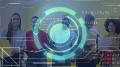 Five colleagues standing for team presentation, holographic UI fading in and Stock Footage 333211624