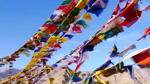 Five color prayer flags blowing in the wind Stock Footage 131066090