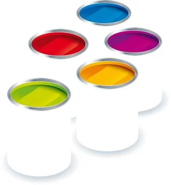 Five colored and open paint cans. Copy space. Stock Illustration