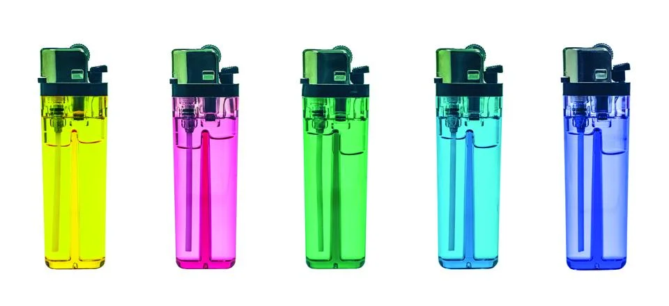 Five colored cigarette lighters isolated on white, object background Stock Illustration