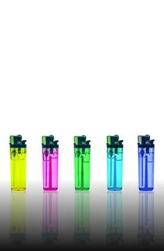 Five colored cigarette lighters isolated on white, object background Stock Illustration