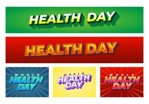 Five colorful banner graphics with bold 3D text reading HEALTH DAY in vario.. Stock Illustration