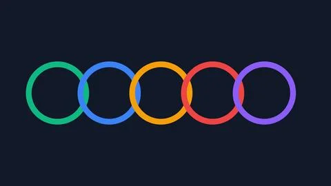 Five colorful connected rings in a gradient sequence on dark background Stock Illustration