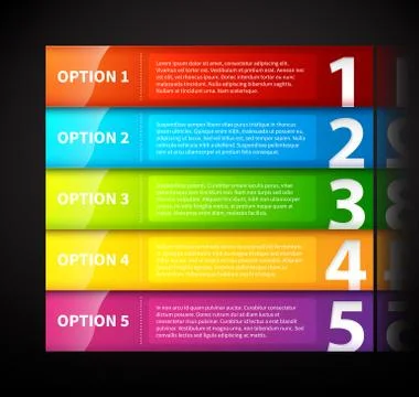 Five colorful glossy horizontal banners, numbered from one to five. Stock Illustration