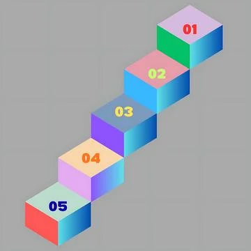 Five colorful gradient cubes arranged in a diagonal staircase with numbered.. Stock Illustration