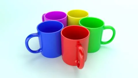 Five colorful mugs 3D render Stock Illustration