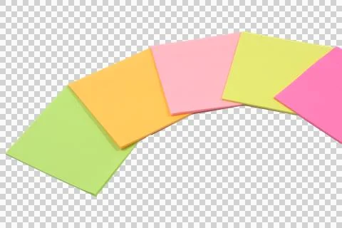 Five colorful square sticky notes arranged in a fan shape on a plain white .. Stock Photos