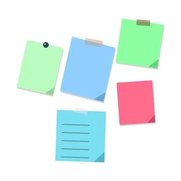 Five colorful sticky notes with tape and pin, isolated on white background Stock Illustration
