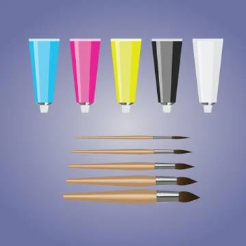 Five colors of paint and five paintbrushes Illustrazione stock