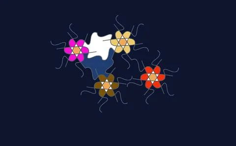 Five colourful flower shapes around central puzzle piece Stock Illustration