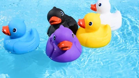 Five colourful rubber ducks drift into the picture from all angles, floating Stock Footage 93644364