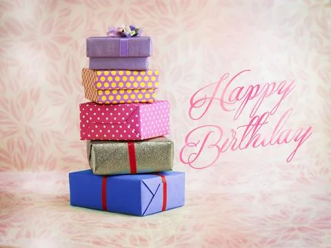 Five colourful square gift boxes Stock Photos