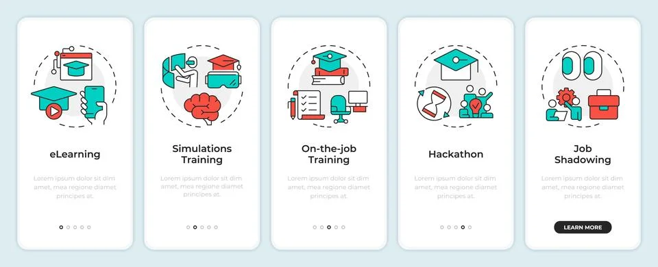 Five common training methodologies onboarding mobile app screen Stock Illustration