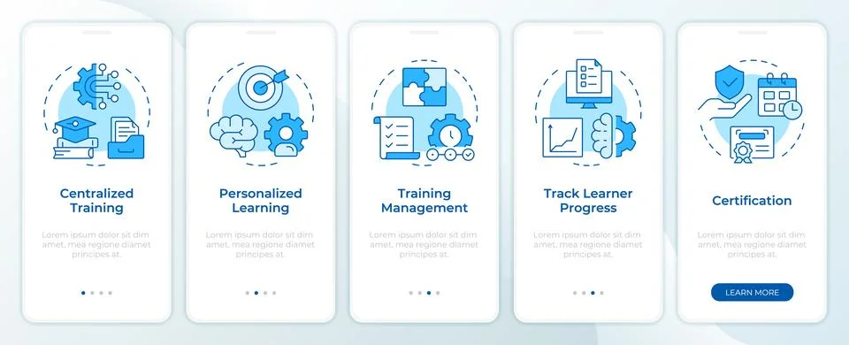 Five components of lms systems blue onboarding mobile app screen Stockillustratie