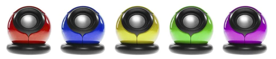 Five computer speakers, isolated on white background. multicolored Stock Illustration