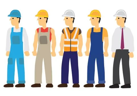 Five construction workers character. Flat isolated vector illustration. Stock Illustration