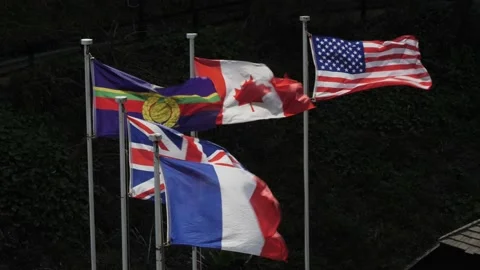 Five country flags fluttering in breeze, backlit Stock Footage 238720524