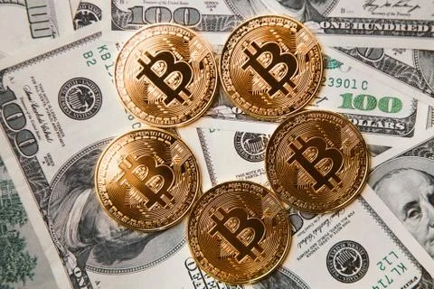 Five crypto bitcoins in the form of a circle Stock Photos