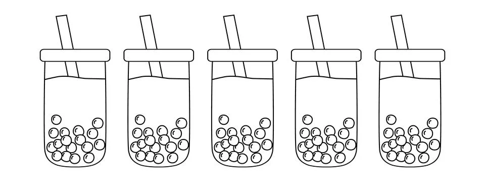 Five cups of refreshing bubble tea showing tapioca pearls and straws, outline 스톡 일러스트