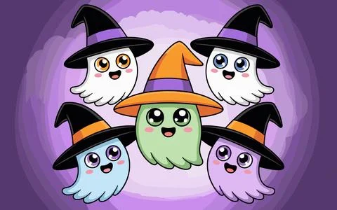 Five cute cartoon ghosts wearing witch hats halloween Stock-Illustration